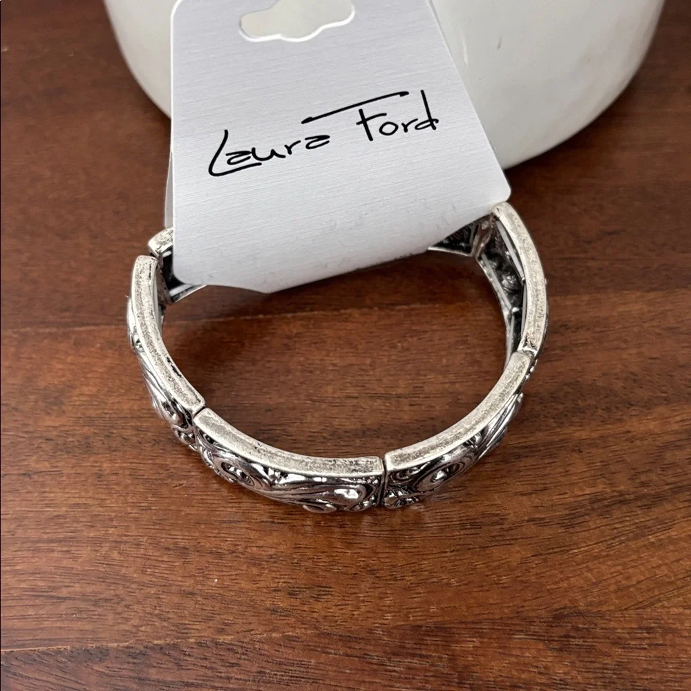 Laura Ford Stretch Silvertone Embossed scroll & floral bracelet